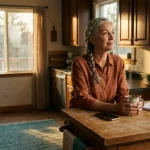 Woman sitting alone at her kitchen counter in late afternoon light — quiet reflection on isolation from chronic neuropathy pain
