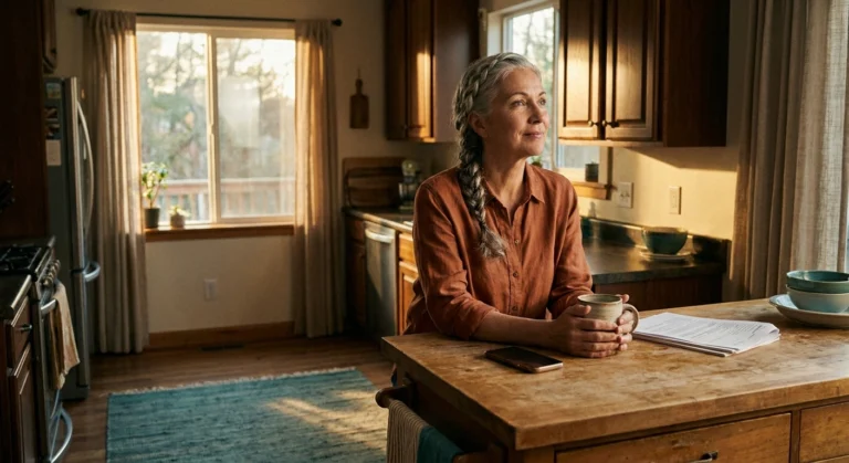 Woman sitting alone at her kitchen counter in late afternoon light — quiet reflection on isolation from chronic neuropathy pain