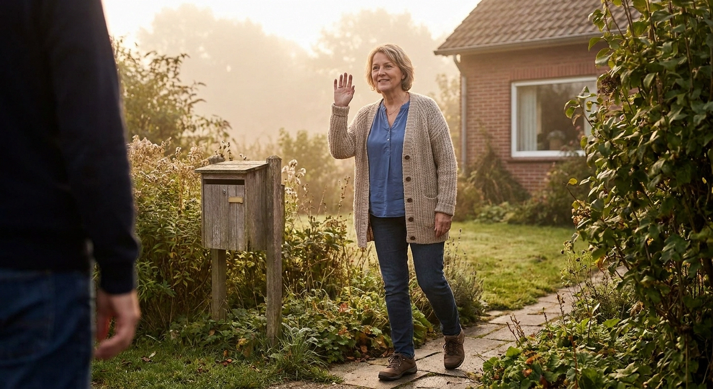 Woman walking to her mailbox and waving at a neighbor — a small first step out of isolation while managing chronic neuropathy pain