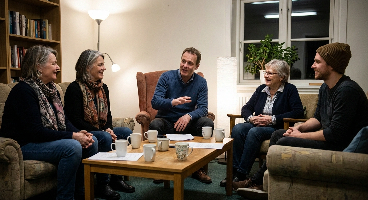 Small in-person neuropathy support group meeting in a community room — peer connection for people living with chronic nerve pain