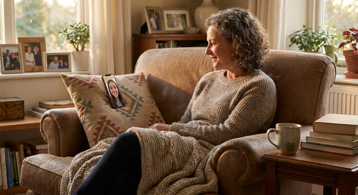 Older woman on the couch having a video call with a grandchild — small low-energy connection during a chronic pain flare