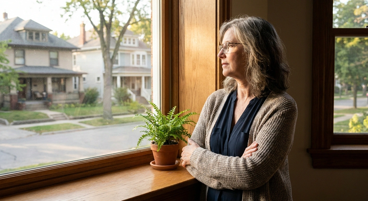 Woman by a sunlit window appearing outwardly composed while privately managing the burning pain of invisible neuropathy