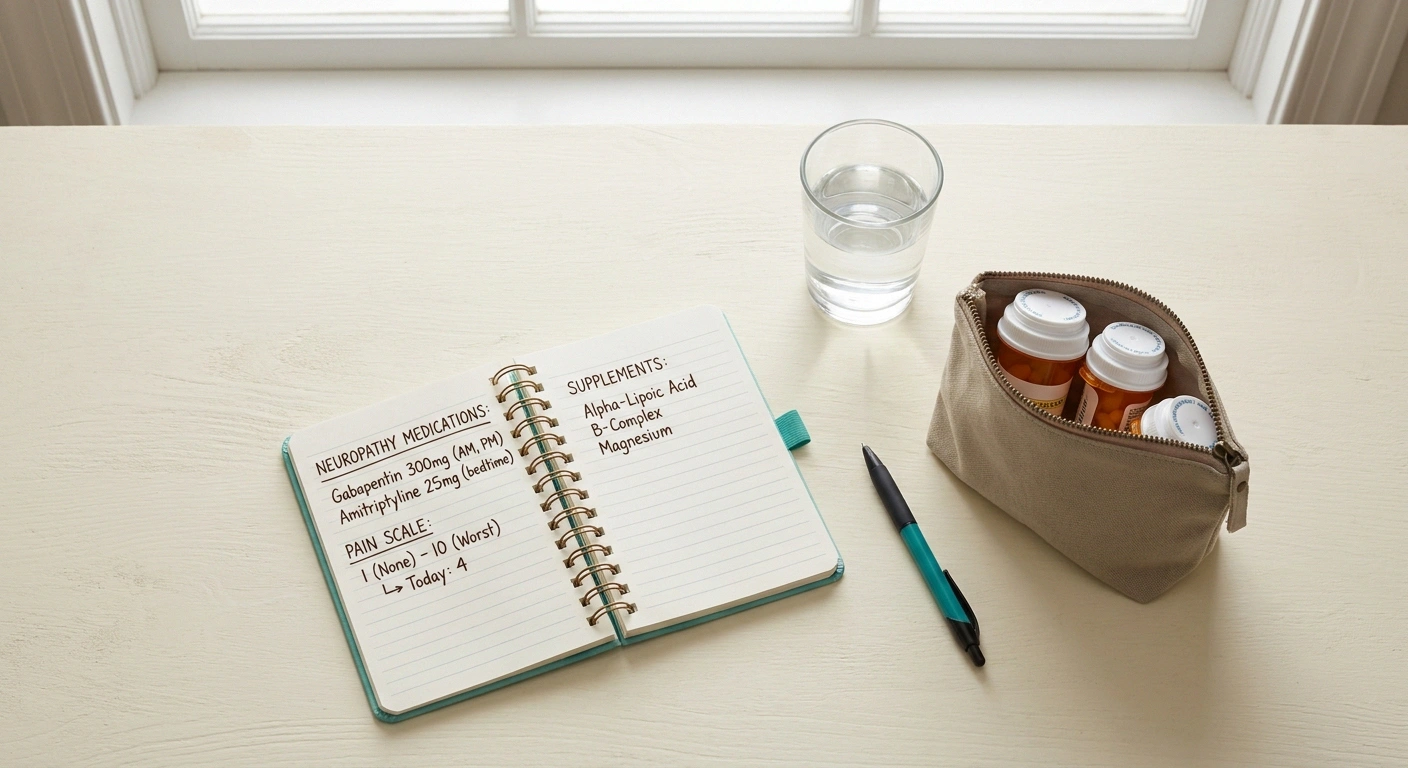 Pre-appointment preparation: notebook with neuropathy medication list, dose schedule, and pain-tracking notes