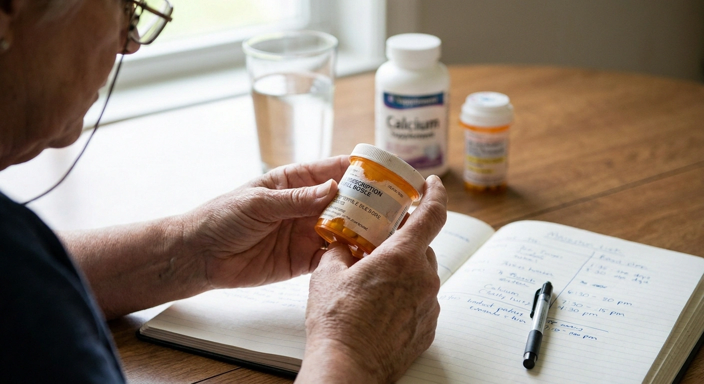 Hands holding a prescription pill bottle while taking notes — reviewing neuropathy medications carefully