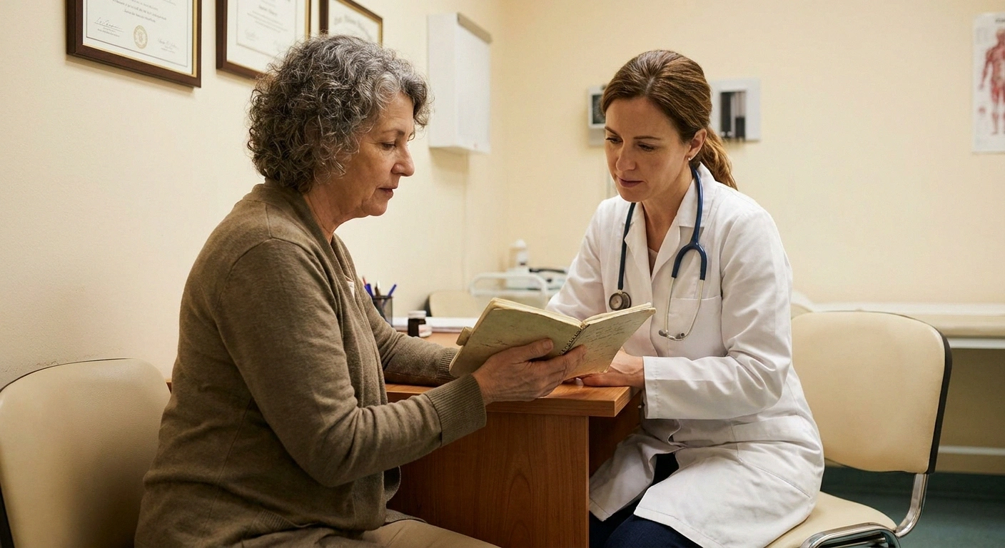 Patient showing her medication notes to her doctor during a neuropathy follow-up appointment