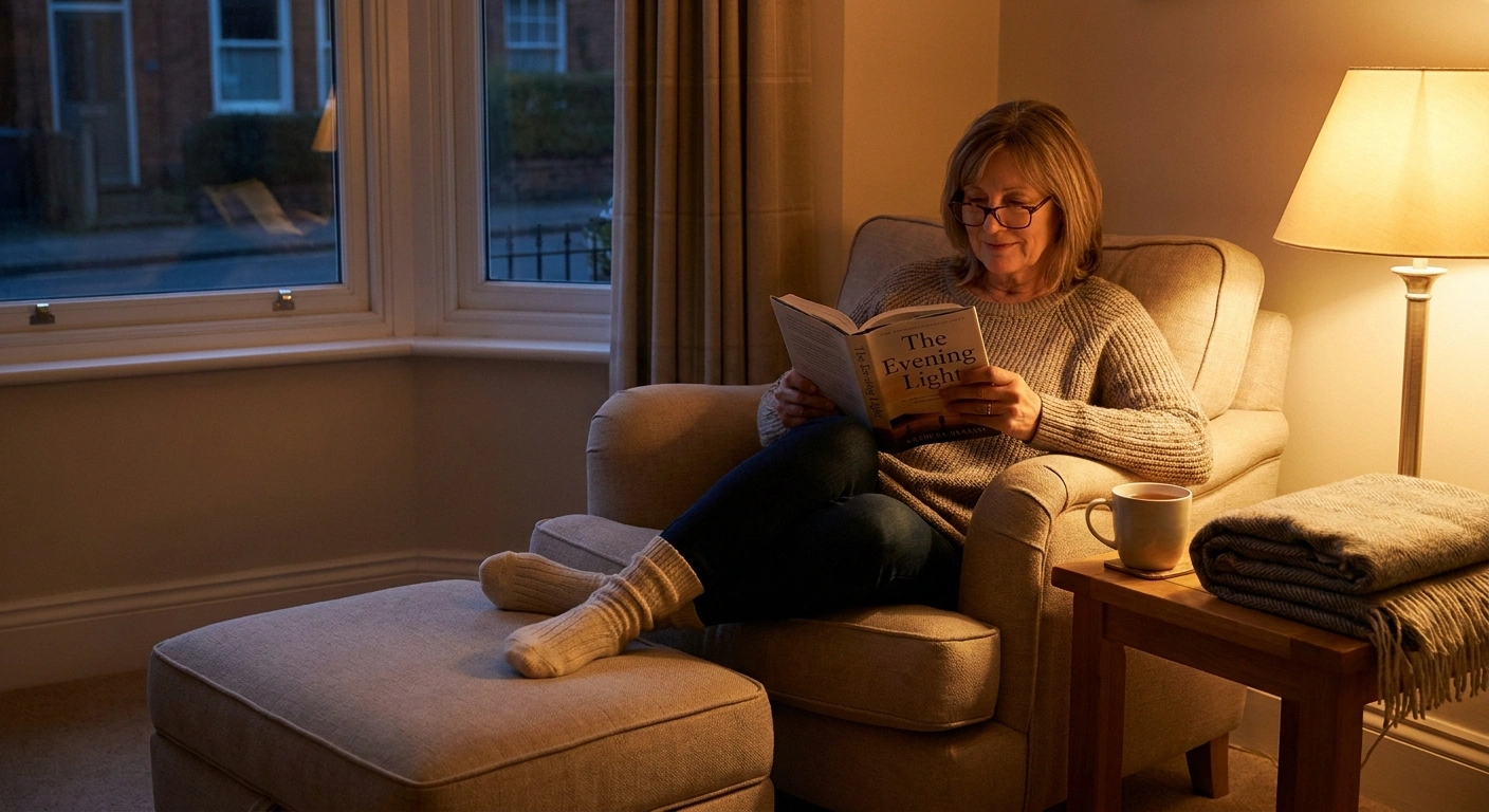 Woman reading peacefully in her armchair with feet up on an ottoman — finding evening comfort with neuropathy medication