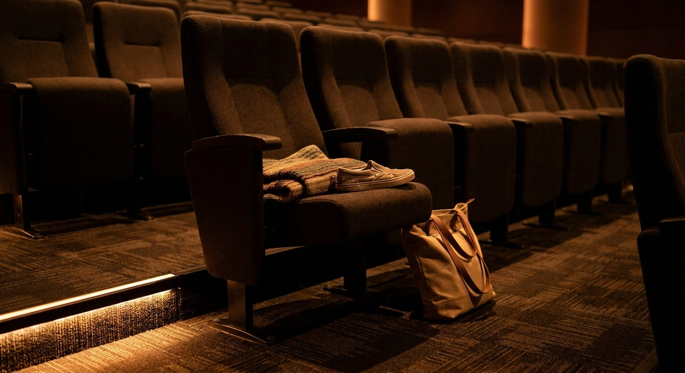 Aisle seat in a movie theater with a folded throw blanket and slip-on shoe resting on it, soft floor-strip lighting.