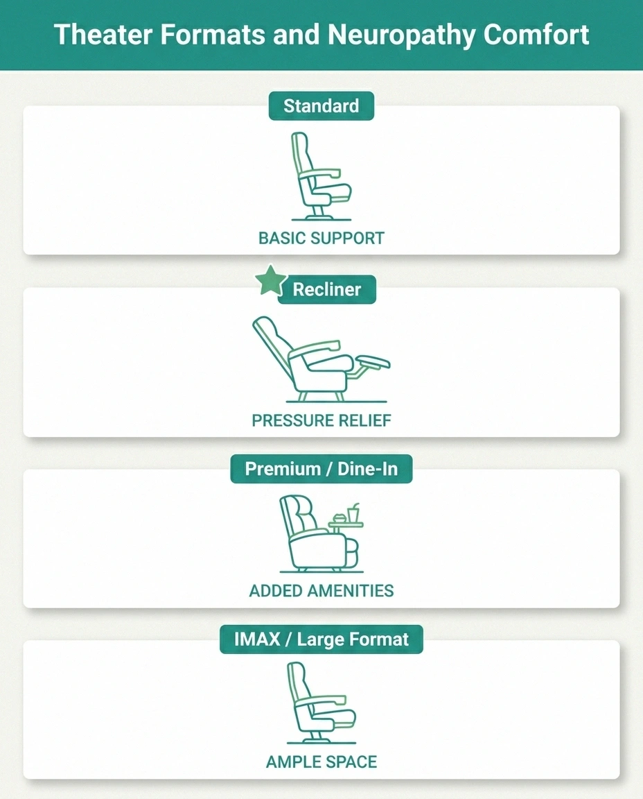 Infographic comparing standard, recliner, premium, and IMAX theater seat formats for neuropathy comfort.