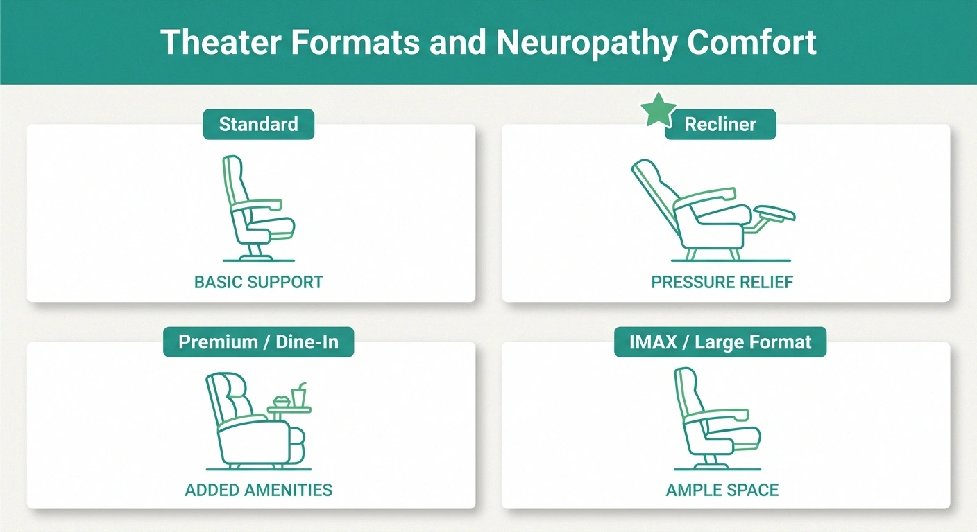 Infographic comparing standard, recliner, premium, and IMAX theater seat formats for neuropathy comfort.