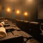 Empty modern cinema with leather recliner seats and a folded throw blanket, warm lighting, no people.