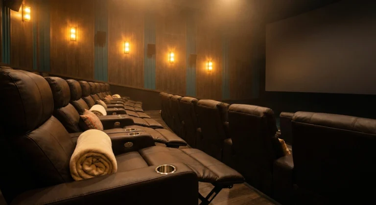 Empty modern cinema with leather recliner seats and a folded throw blanket, warm lighting, no people.
