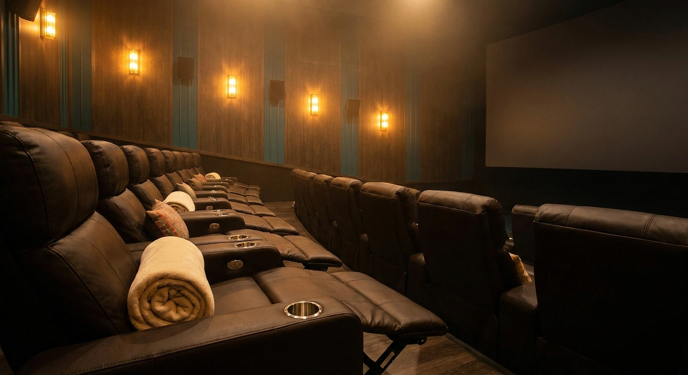 Empty modern cinema with leather recliner seats and a folded throw blanket, warm lighting, no people.