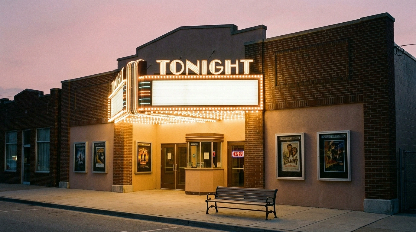 Independent movie theater marquee glowing at dusk against a soft pink and lavender sky, peaceful and inviting.