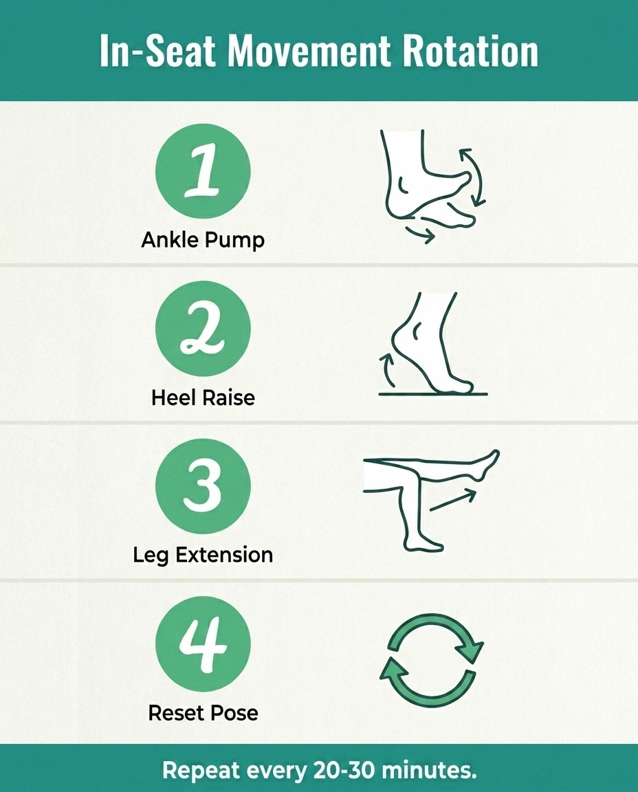Infographic showing four in-seat movements for neuropathy: ankle pumps, calf raises, knee extensions, and position shifts.