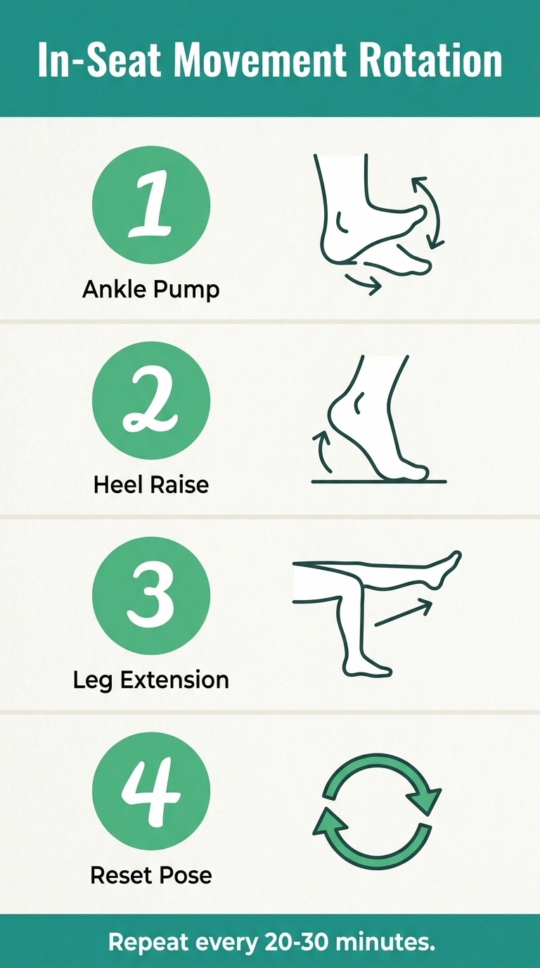 Infographic showing four in-seat movements for neuropathy: ankle pumps, calf raises, knee extensions, and position shifts.