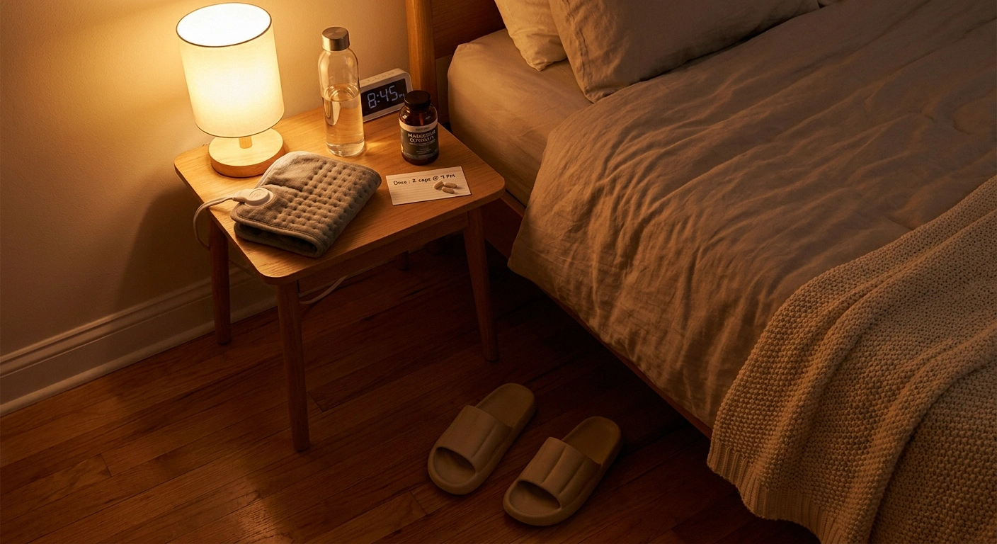 Bedside neuropathy kit — heating pad, water, magnesium, touch lamp, and slippers ready to step into