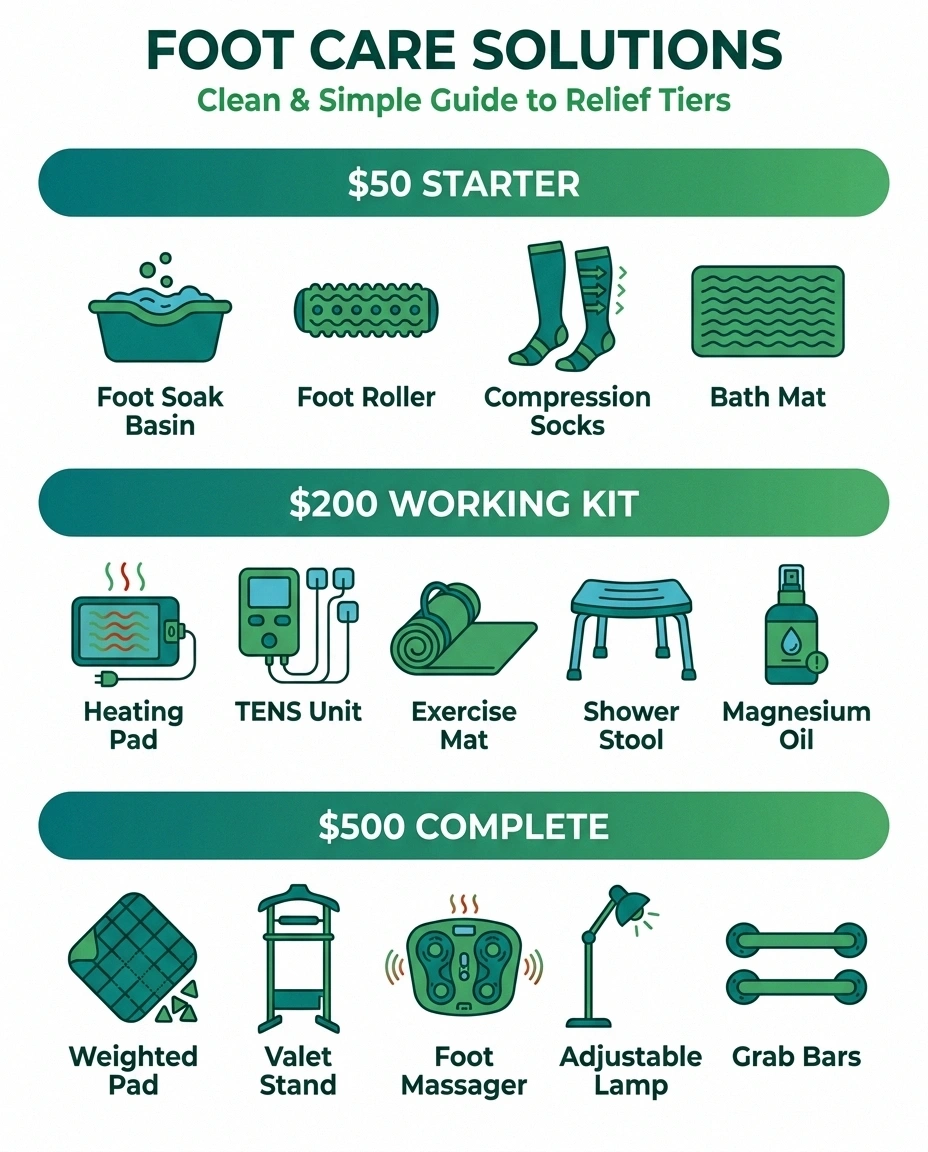 Three-tier neuropathy toolkit budgets — $50 starter, $200 working kit, $500 complete kit with itemized icons