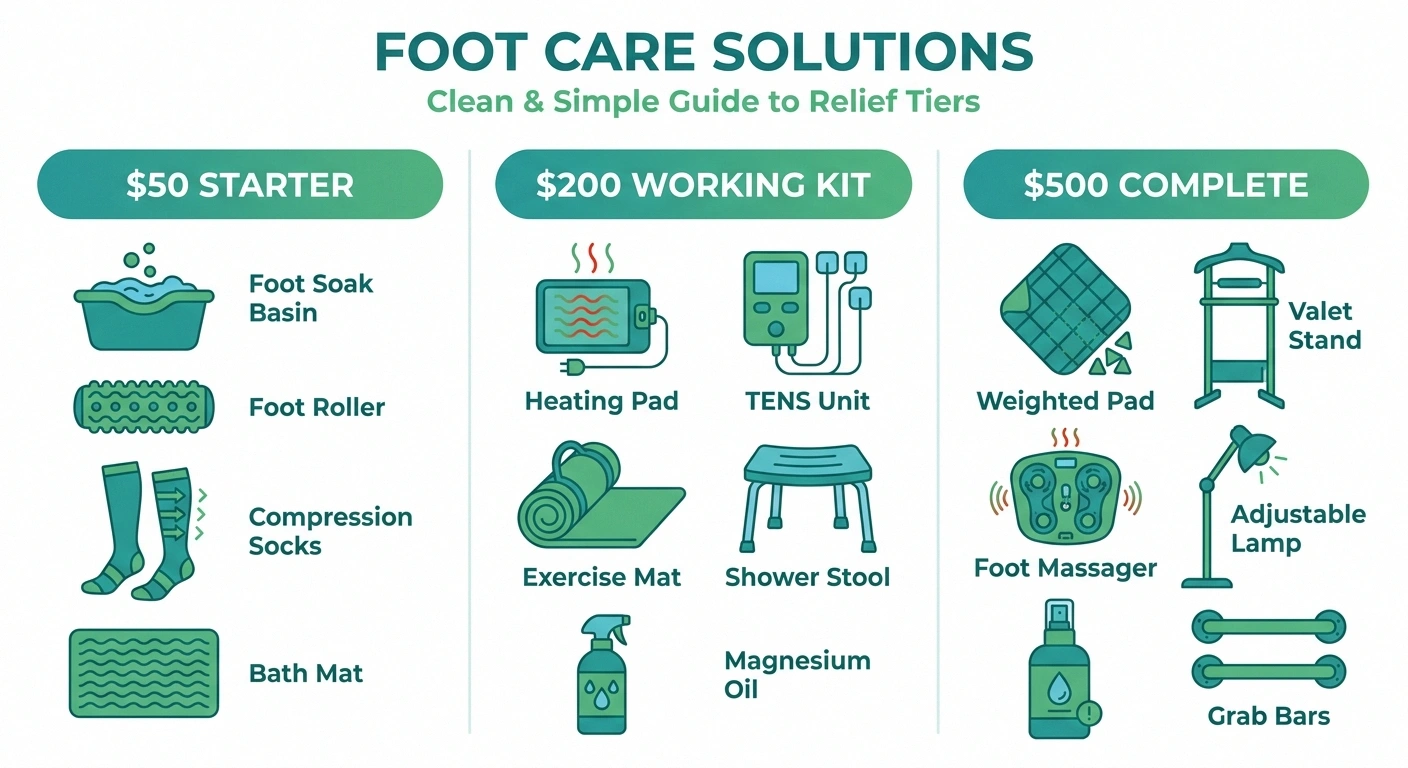 Three-tier neuropathy toolkit budgets — $50 starter, $200 working kit, $500 complete kit with itemized icons