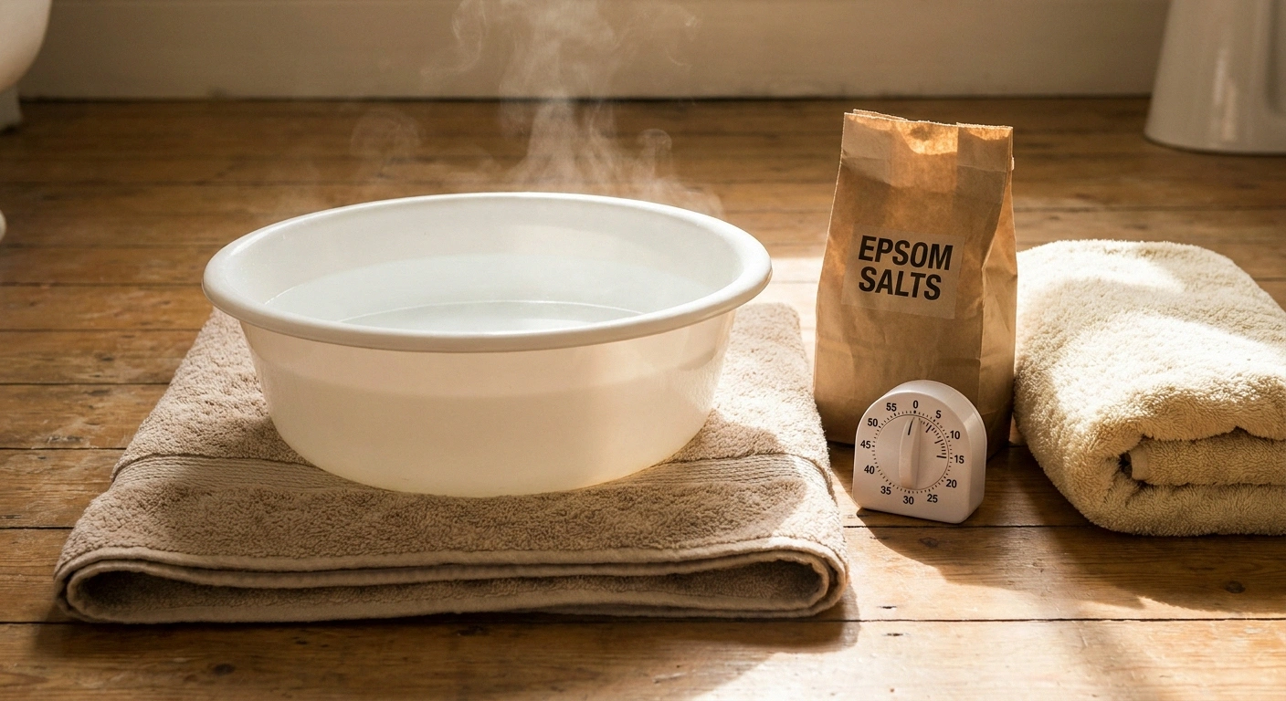 Simple plastic foot soak basin with Epsom salts and timer — the cheap setup that works as well as expensive devices