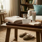 Organized neuropathy pain management kit on a side table — heating pad, foot roller, water, and labeled medication card