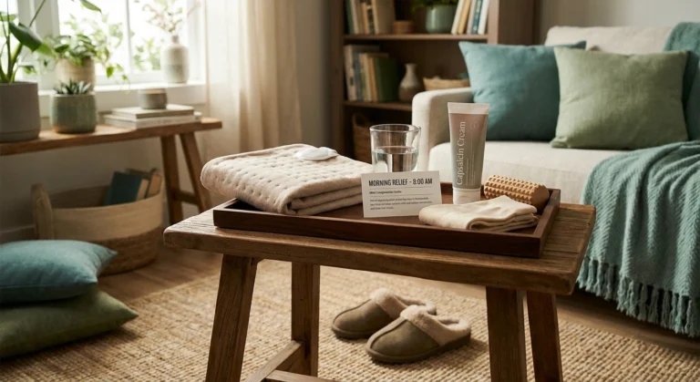 Organized neuropathy pain management kit on a side table — heating pad, foot roller, water, and labeled medication card