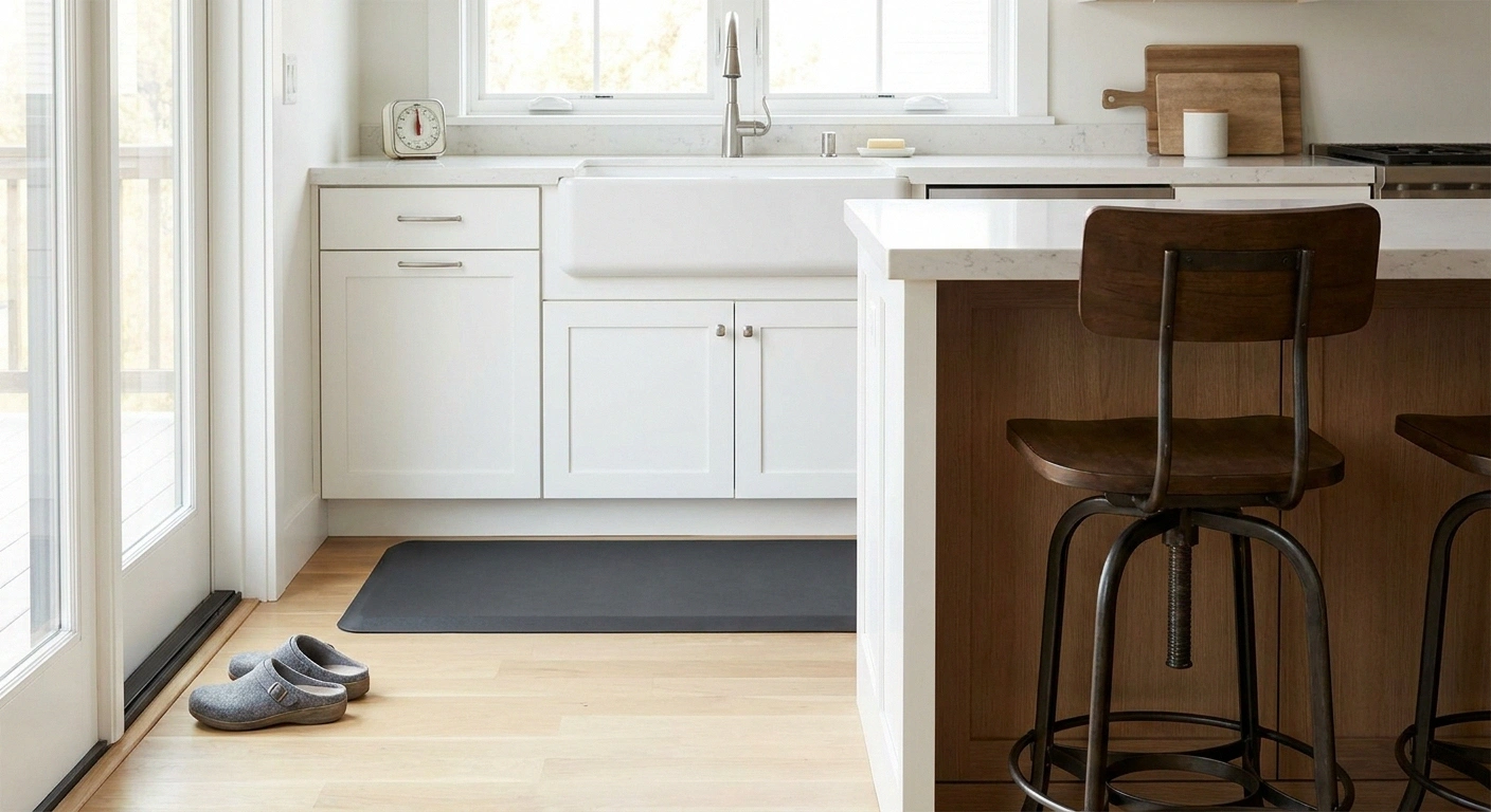 Kitchen setup for neuropathy — anti-fatigue mat, high stool, supportive indoor shoes, and pacing timer