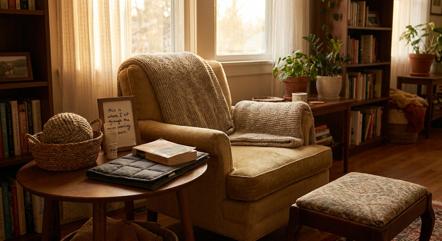 Living-room neuropathy kit — armchair with textured ball, lap pad, foot stool, and book within easy reach