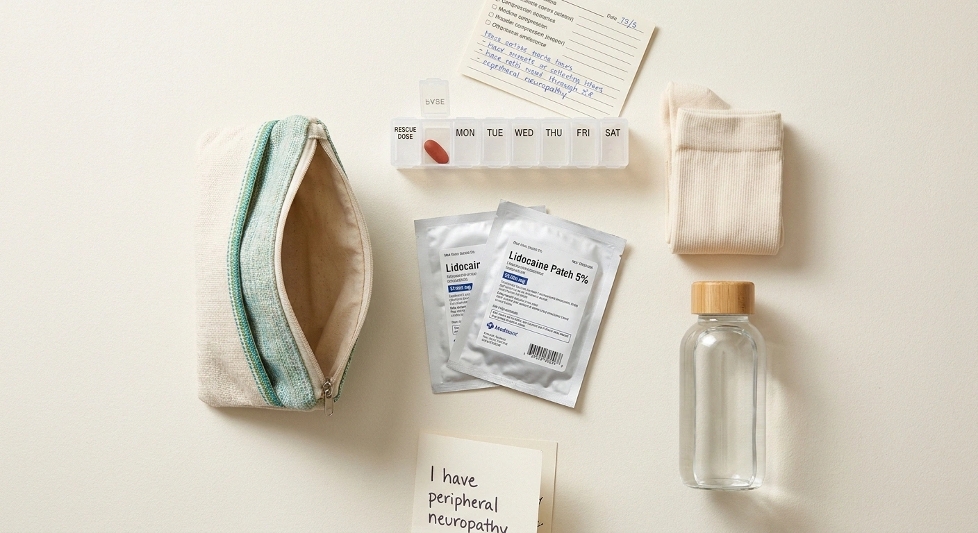 Travel pouch for neuropathy — pill case, lidocaine patches, compression socks, water, and medication cards