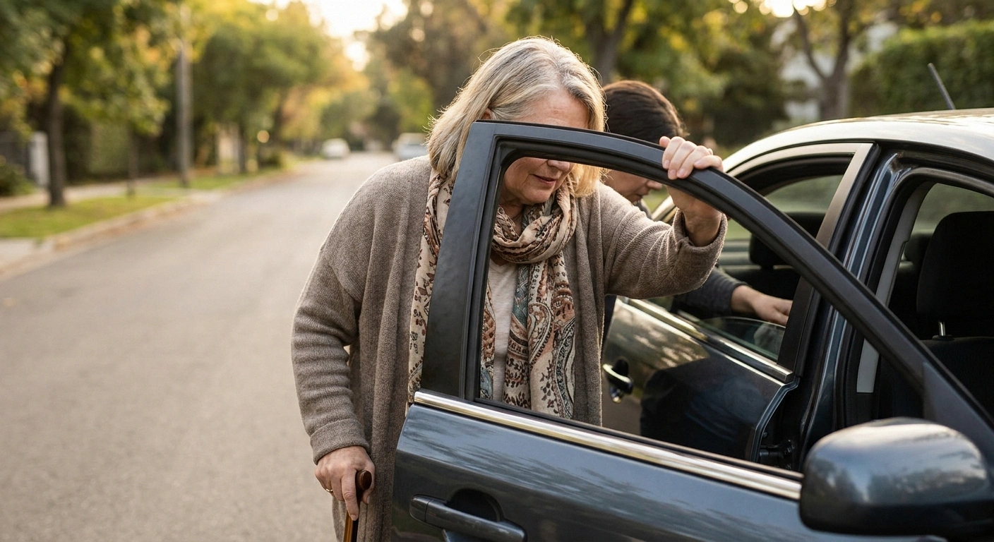Woman standing up slowly from the passenger seat after a long car ride, hand on door for balance