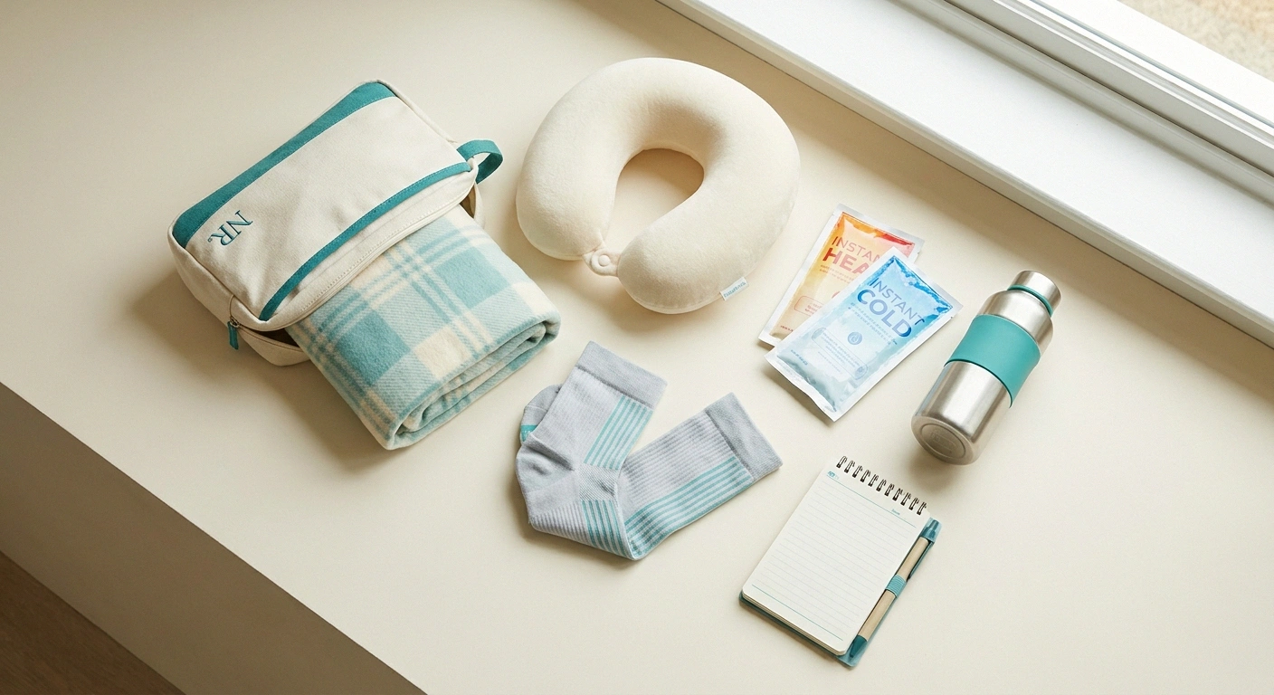 Long-ride comfort bag for neuropathy — blanket, neck pillow, heat/cold packs, water bottle, compression socks