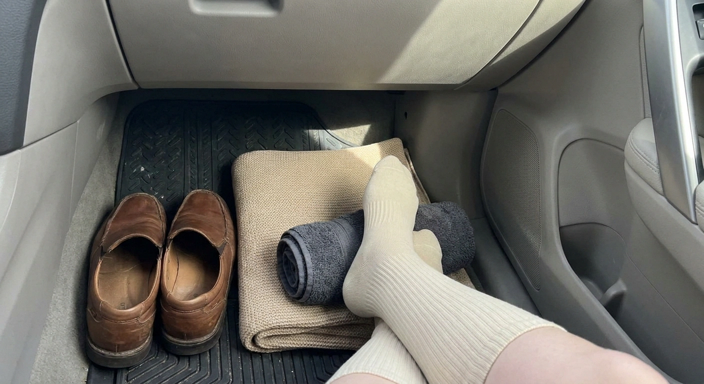 Passenger footwell with feet elevated on a folded footrest in compression socks — neuropathy comfort setup