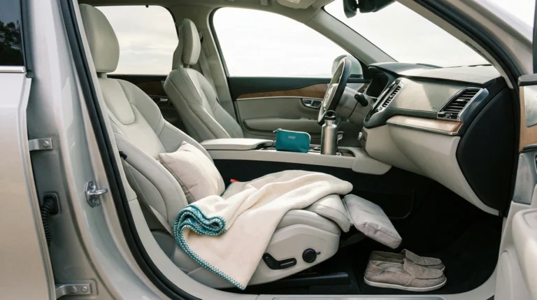 Comfortable front-passenger seat setup for a long car ride with neuropathy — footrest, lumbar pillow, lap blanket