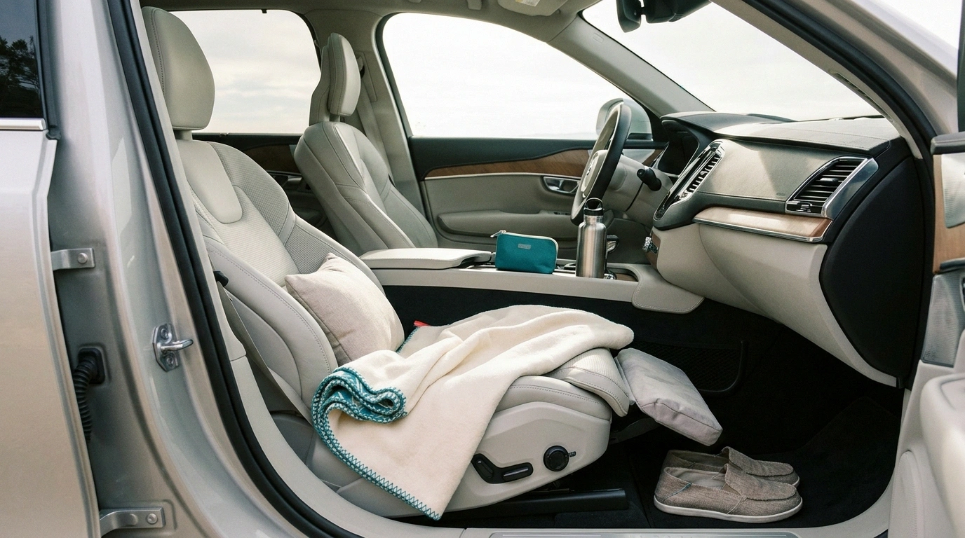 Comfortable front-passenger seat setup for a long car ride with neuropathy — footrest, lumbar pillow, lap blanket