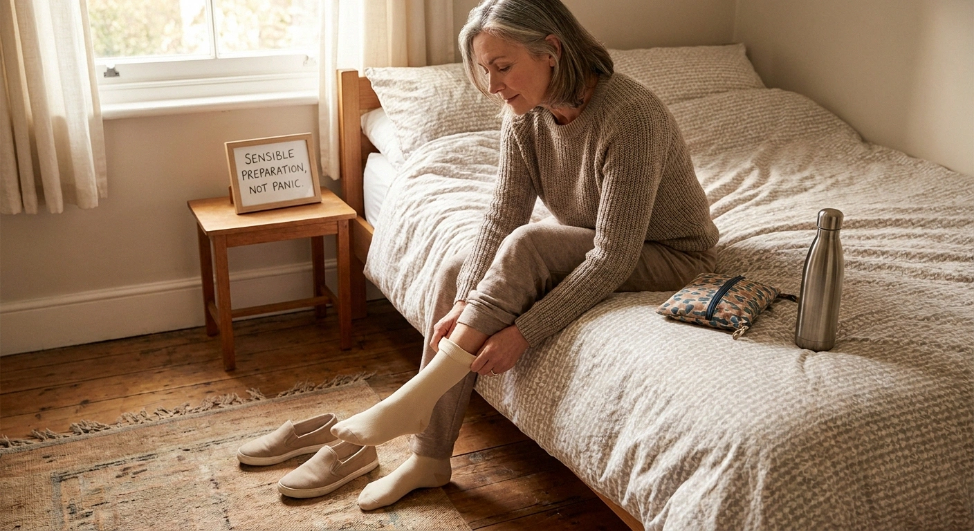 Woman pulling on compression socks at home before a long car ride — neuropathy pre-trip preparation
