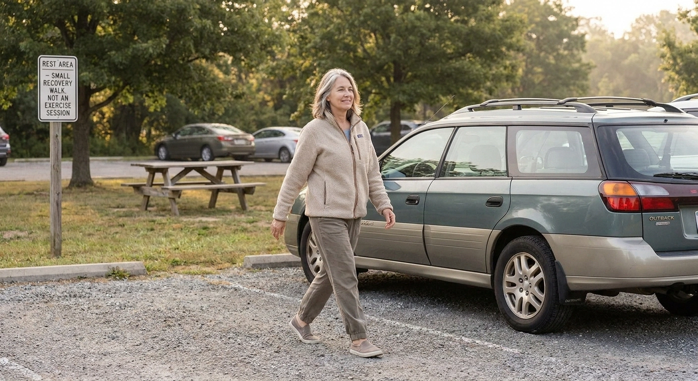 Woman taking a stretching walk at a highway rest stop — 60-minute neuropathy break