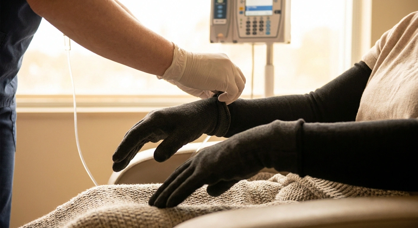 A patient wearing compression sleeves on the hands during chemotherapy as a comfortable nerve-protection option.