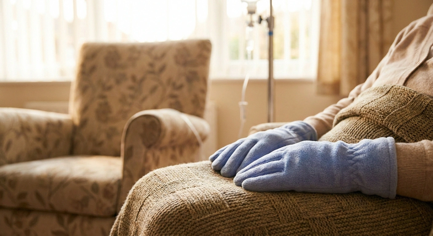 A patient wearing cooling gloves during a chemotherapy infusion to help protect the nerves in the hands.
