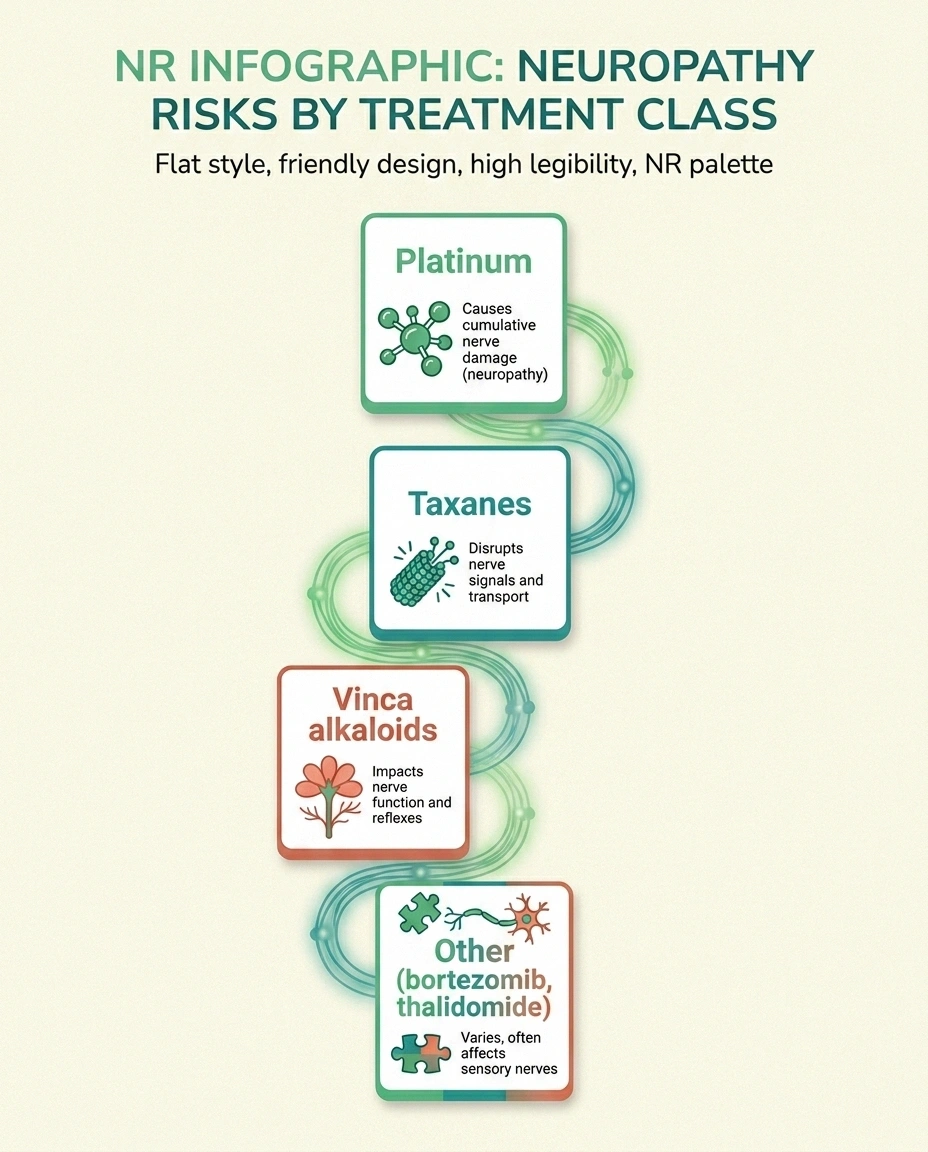 Infographic of the four chemotherapy drug families most commonly linked to peripheral neuropathy.