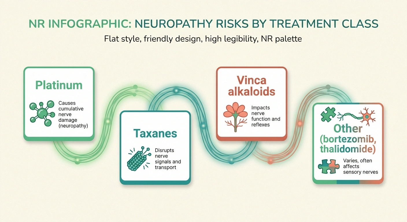 Infographic of the four chemotherapy drug families most commonly linked to peripheral neuropathy.