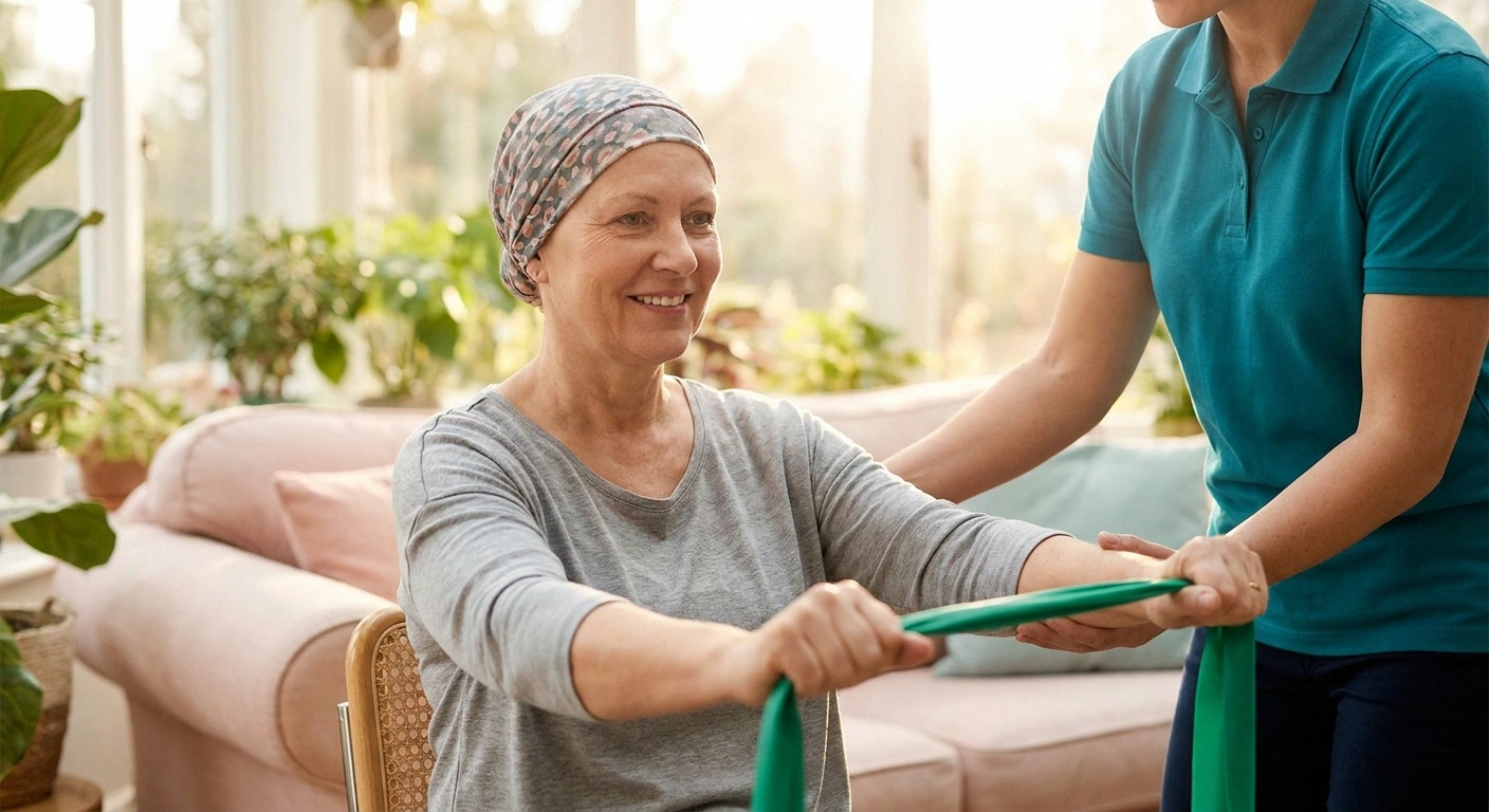 A cancer patient doing gentle guided exercise during chemotherapy to reduce neuropathy severity and improve balance.