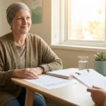 A cancer patient discussing nerve-protection options with her care team before chemotherapy, holding a list of questions.