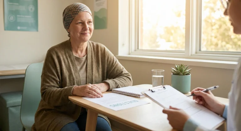 A cancer patient discussing nerve-protection options with her care team before chemotherapy, holding a list of questions.