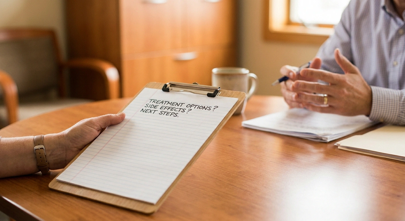 A patient bringing a written list of nerve-protection questions to a chemotherapy planning appointment.