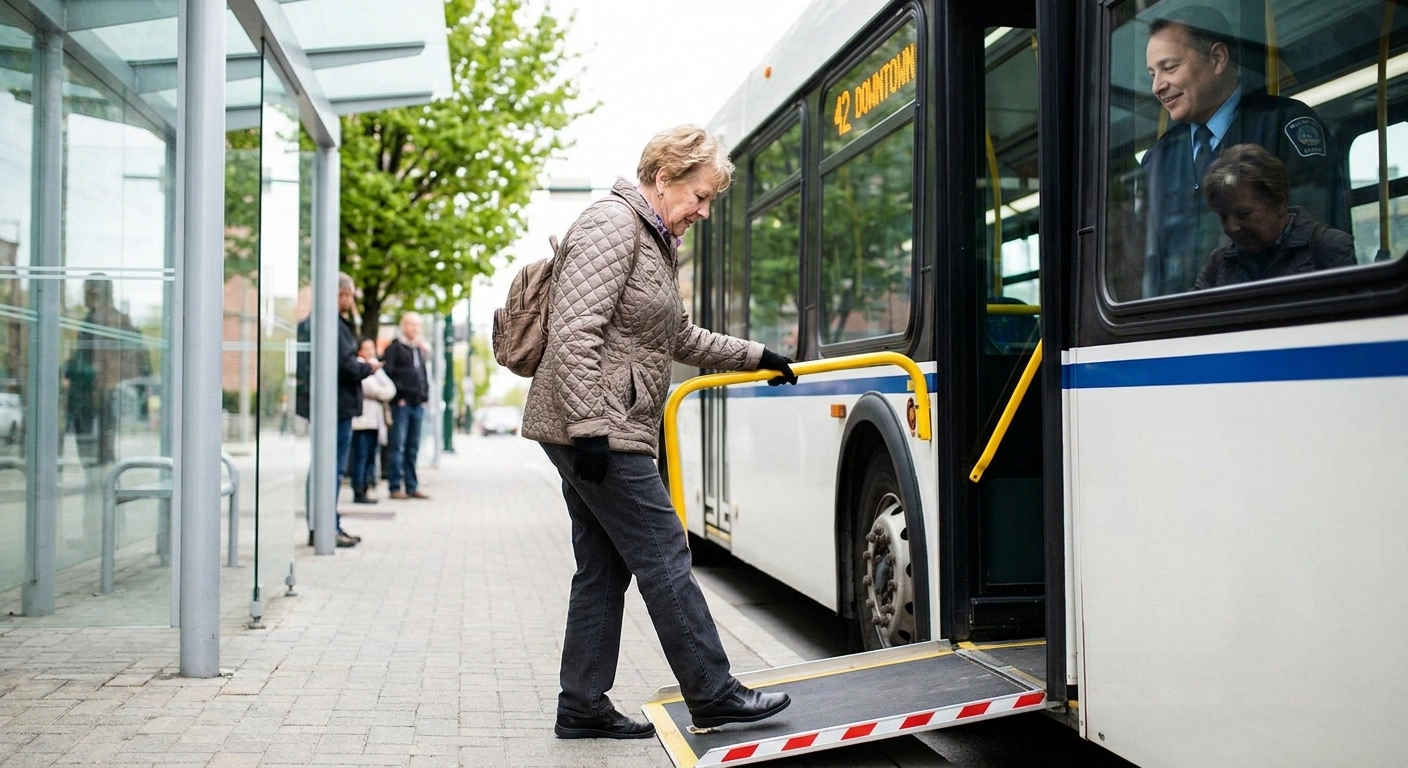 Older woman boarding a kneeling bus with a firm grip on the handrail, looking carefully at the step