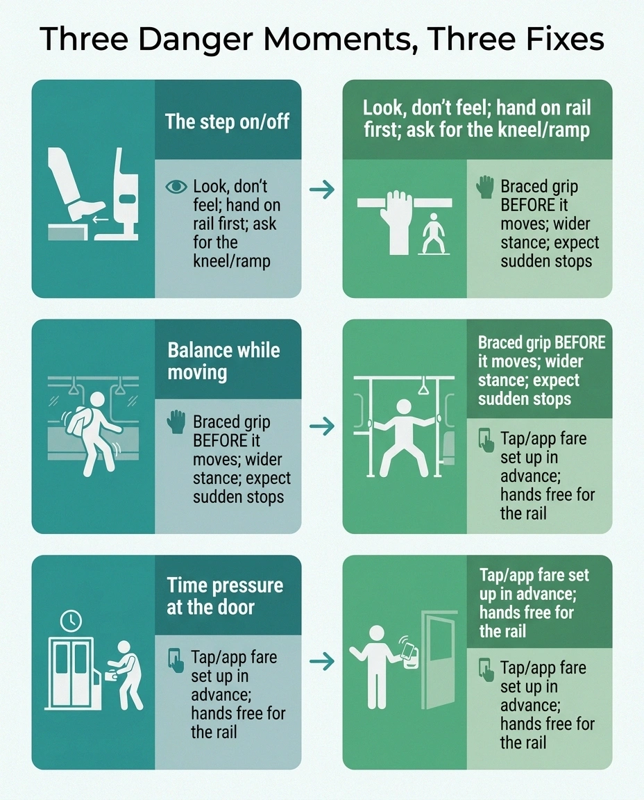 Infographic of the three public-transit danger moments for neuropathy and the fix for each