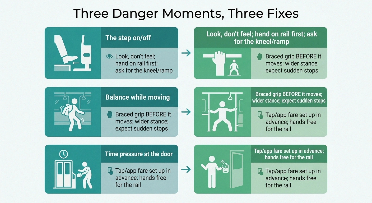 Infographic of the three public-transit danger moments for neuropathy and the fix for each