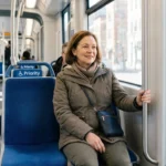 Composed older woman seated comfortably in a priority seat on a bright bus, hand resting on a pole