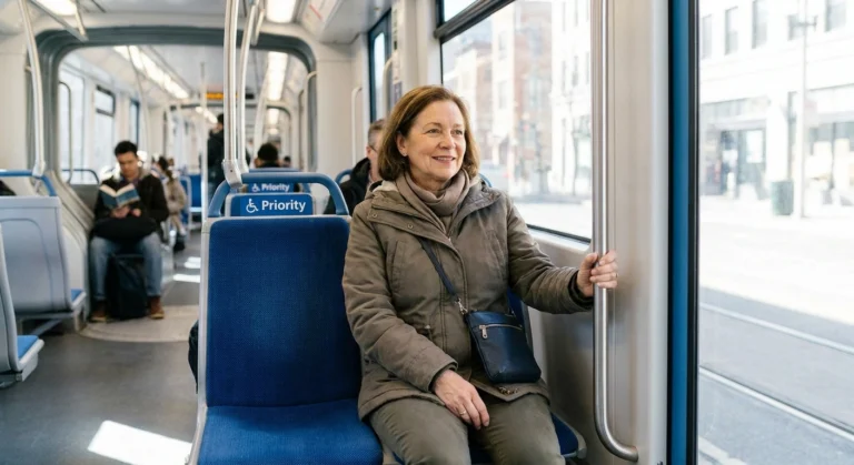 Composed older woman seated comfortably in a priority seat on a bright bus, hand resting on a pole