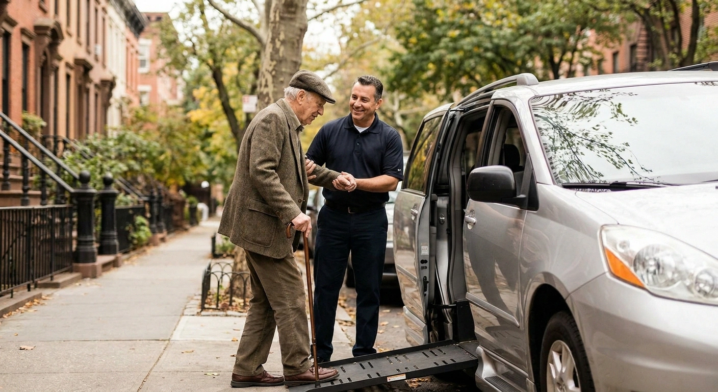 Patient driver offering a steadying hand as an older man with a cane enters an accessible vehicle at the curb