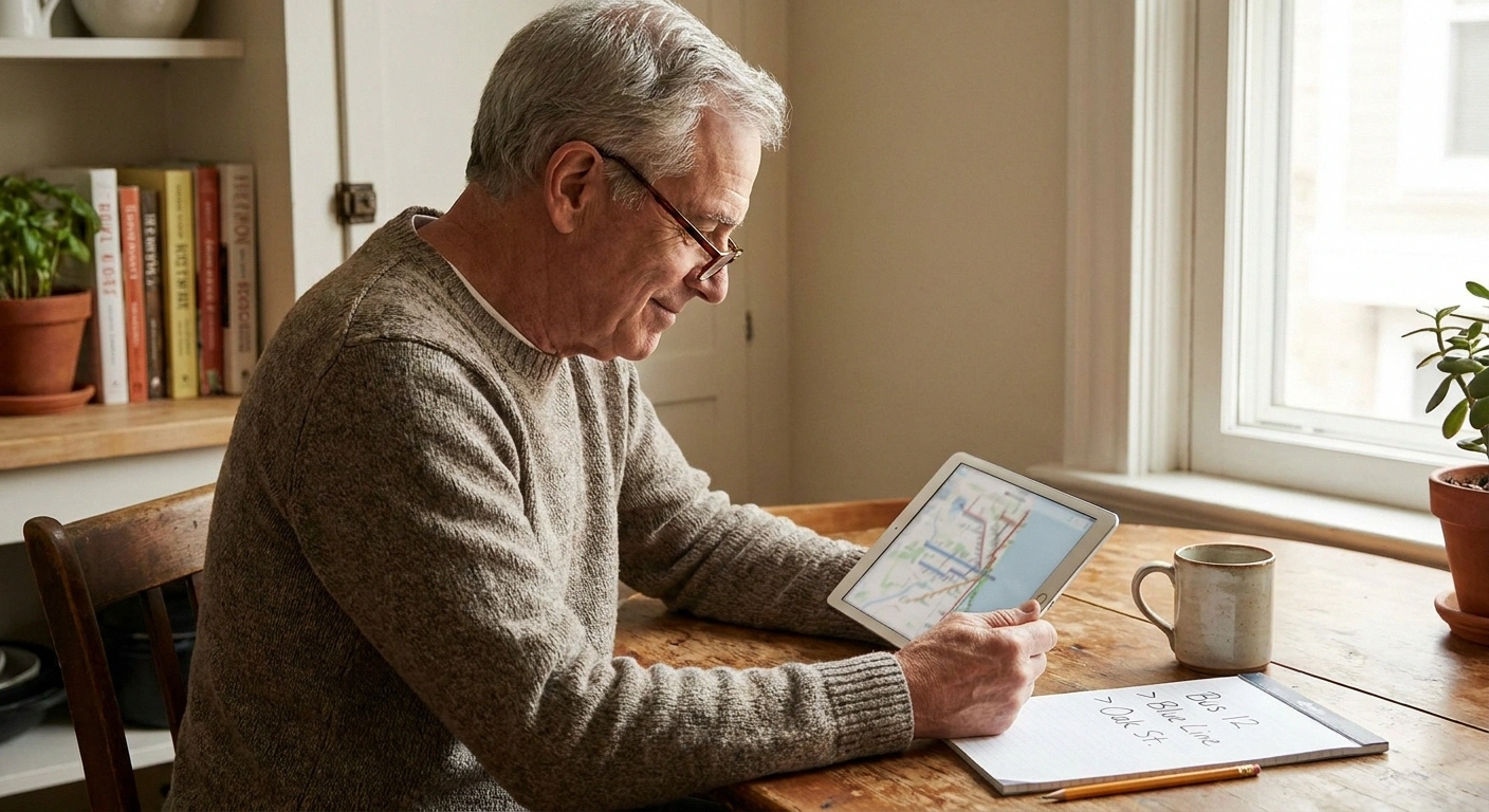 Older man calmly planning a simple transit route at his kitchen table before leaving home